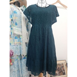 BIERSACK 專櫃品牌 0918《英倫貴族風/古典墨綠色》重工刺繡蕾絲禮服/小飛袖短袖洋裝/碎花短版寬鬆