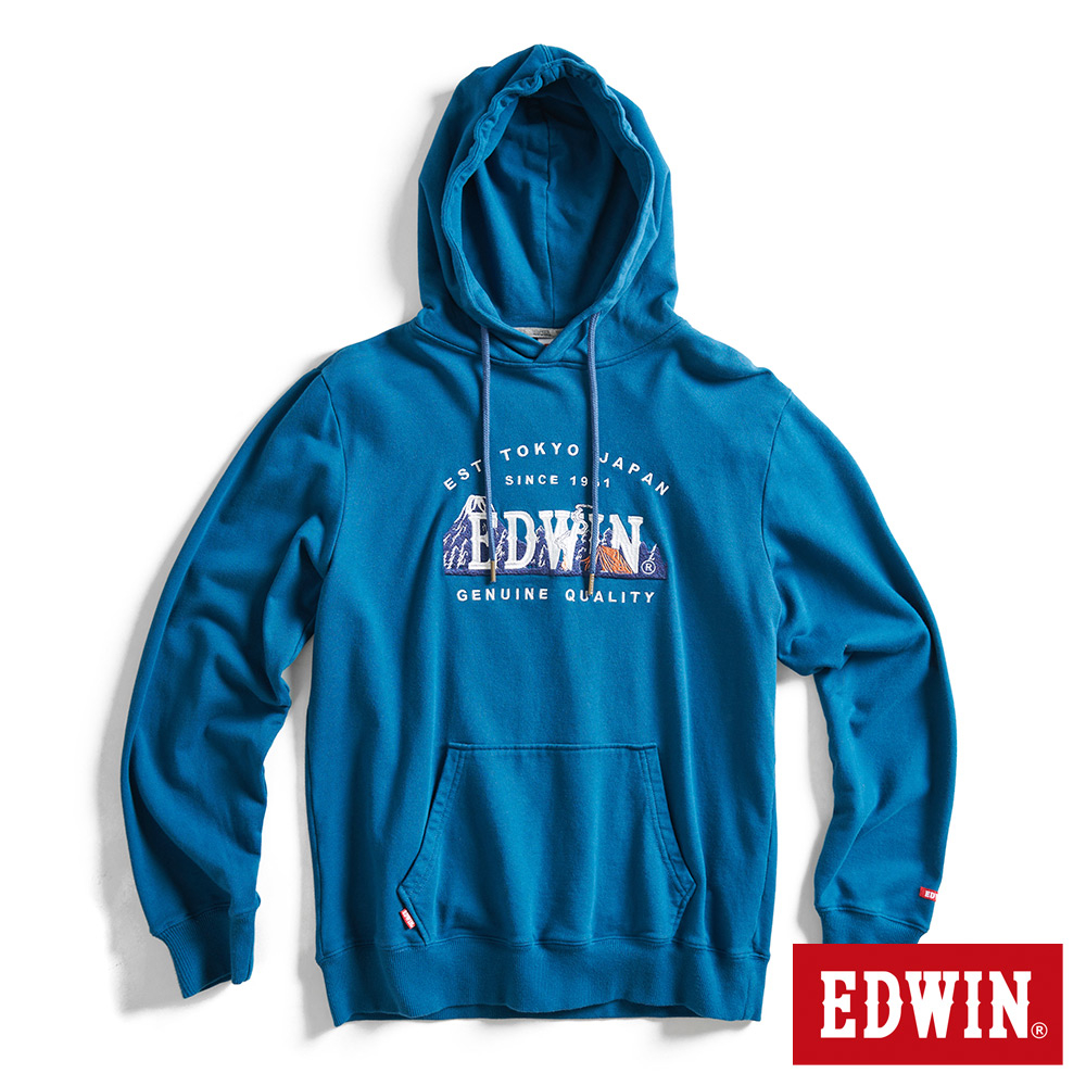 EDWIN 露營系列 富士山刺繡LOGO連帽長袖T恤(土耳其藍)-男款