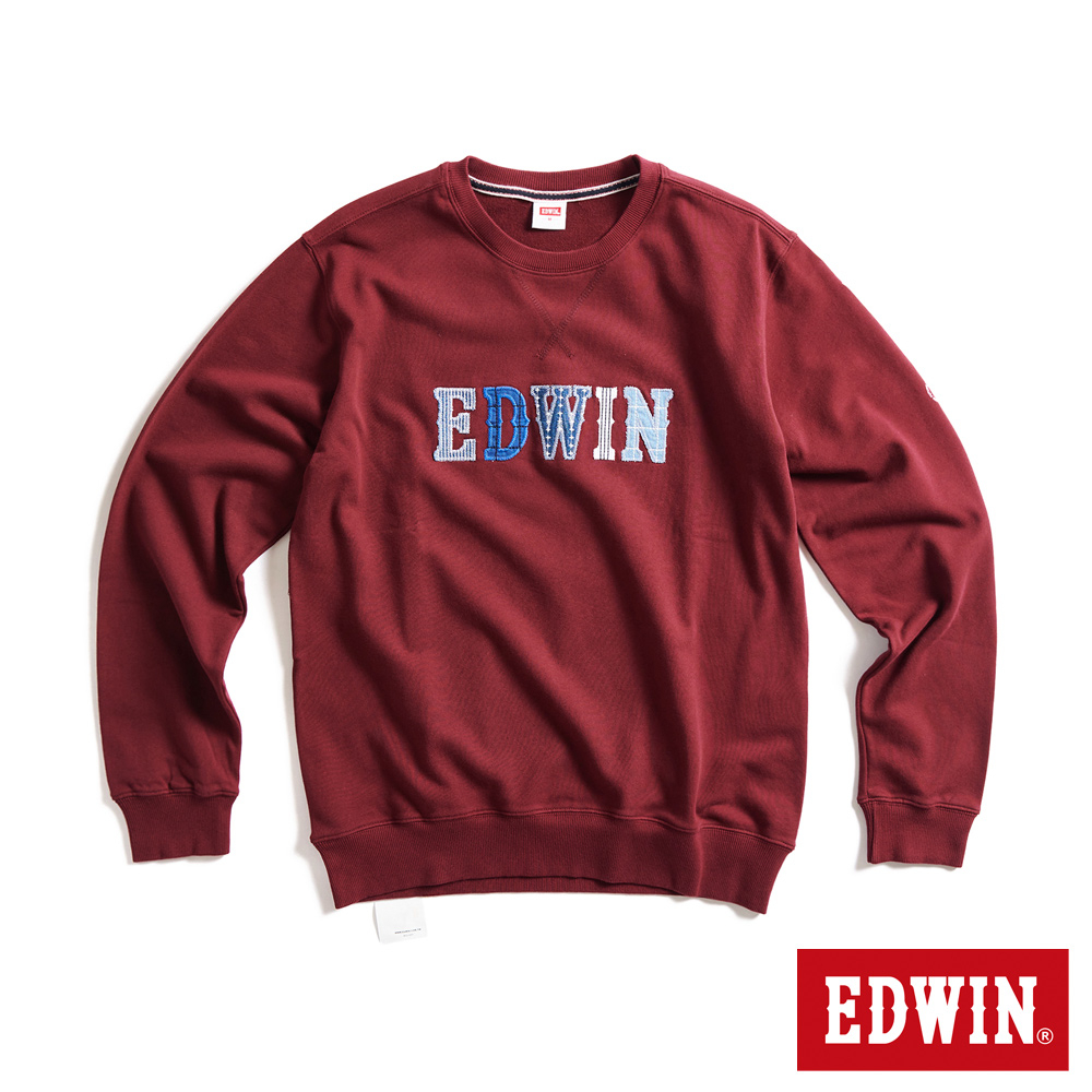 EDWIN 再生系列 CORE環保丹寧拼接LOGO休閒厚長袖T恤(朱紅色)-男款