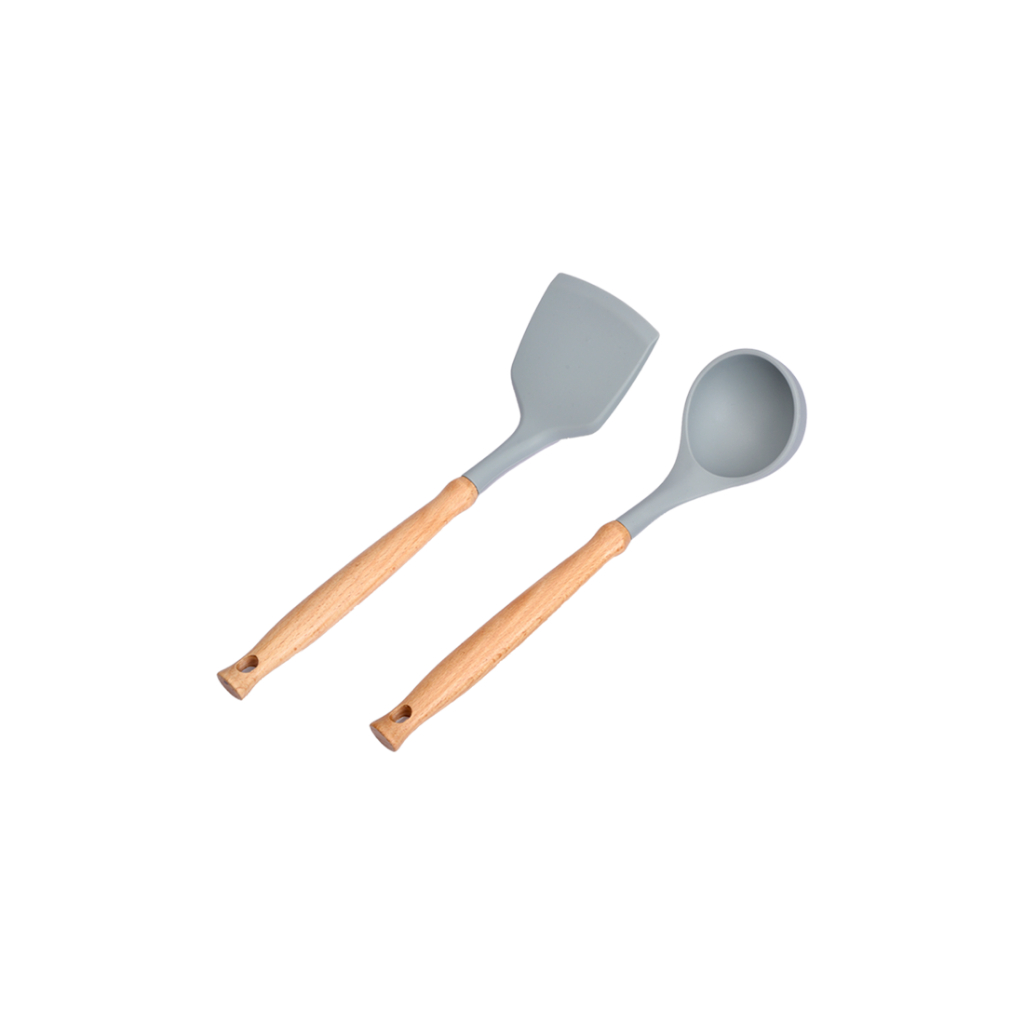 【Copper Chef】食品級耐熱矽膠木柄鏟具2件組(鍋鏟+湯勺-灰色款)