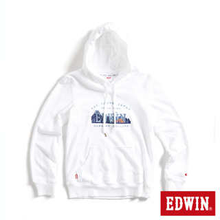 EDWIN 露營系列 富士山刺繡LOGO連帽長袖T恤(米白色)-女款