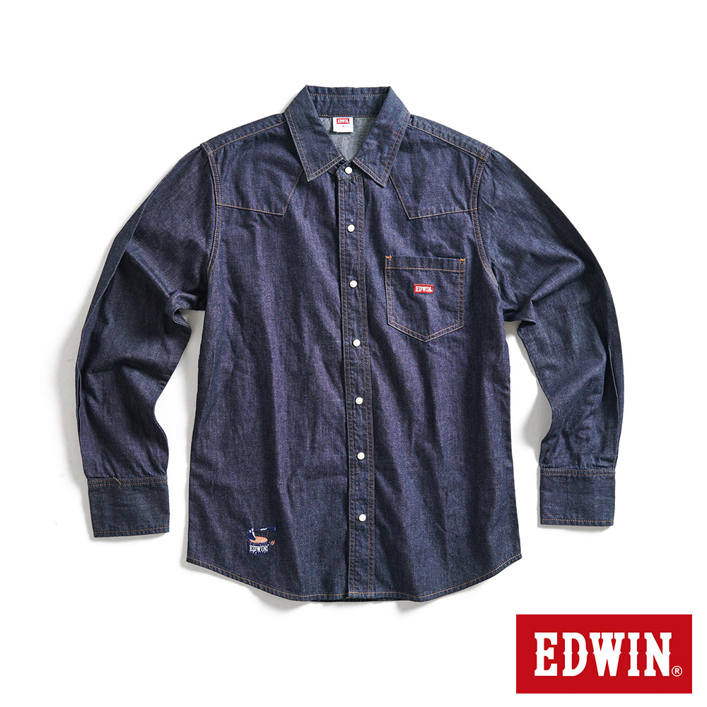 EDWIN 露營系列 刺繡LOGO長袖牛仔襯衫(原藍色)-男款