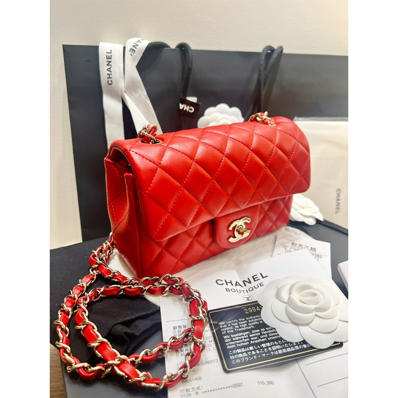 Chanel 絕美正紅色淡金釦羊皮20S flapbag mini coco 20