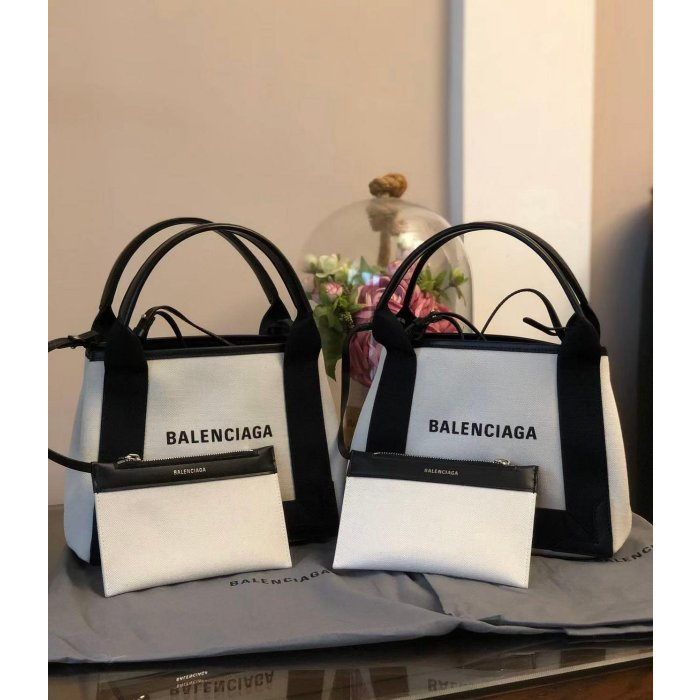 *SHIHNA名牌精品*BALENCIAGA Navy Cabas S字母帆布撞色手提/肩背包