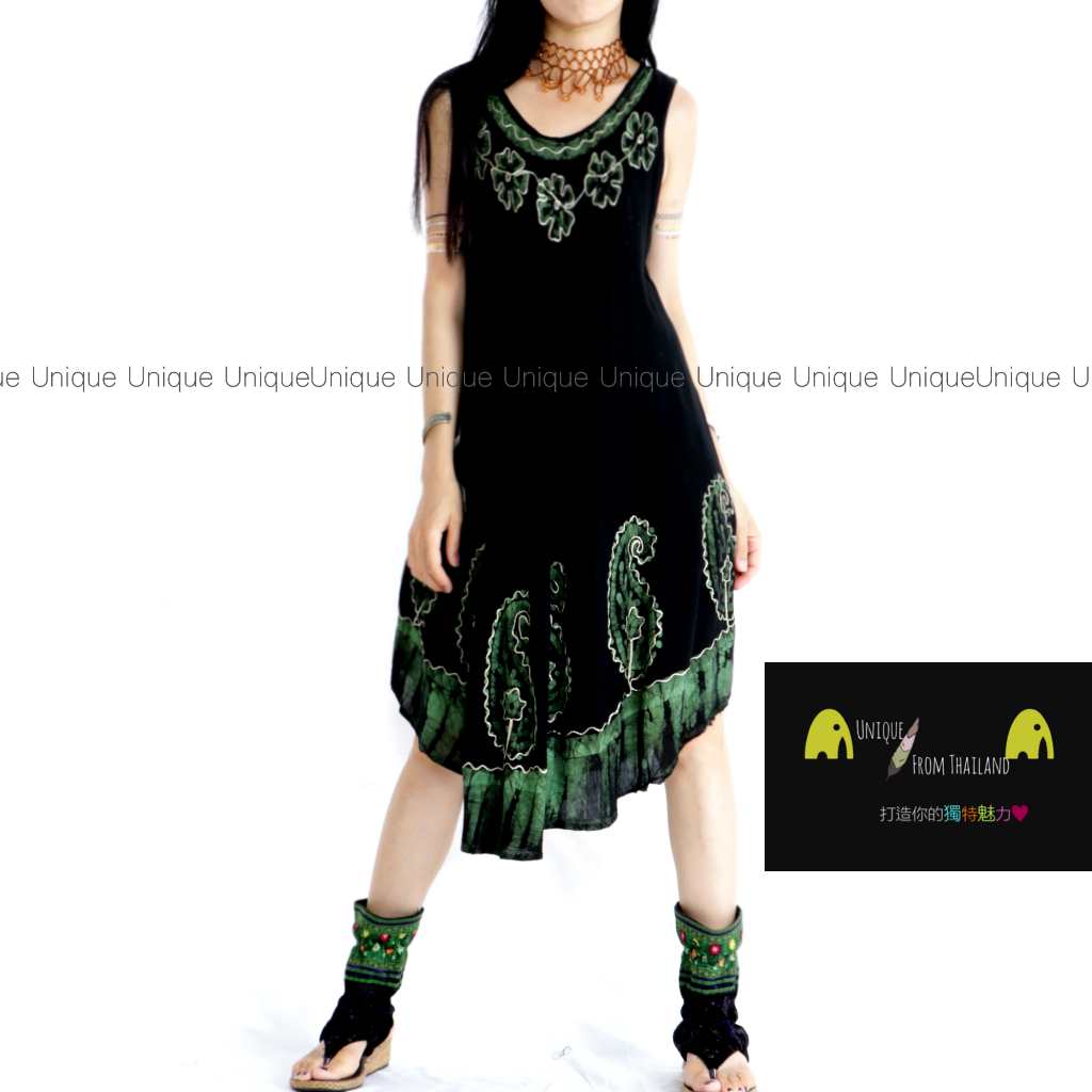 Unic＠印度🇮🇳進口楊柳布洋裝『🌿黑底綠邊TD308印度手工純棉＊超涼感❄️無袖洋裝』 背心洋裝 異國風波希米亞