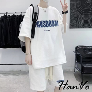 【HanVo】男士潮流華夫格寬鬆套裝 吸濕排汗 舒適親膚透氣短袖套裝 日常百搭 男生衣著 B6003