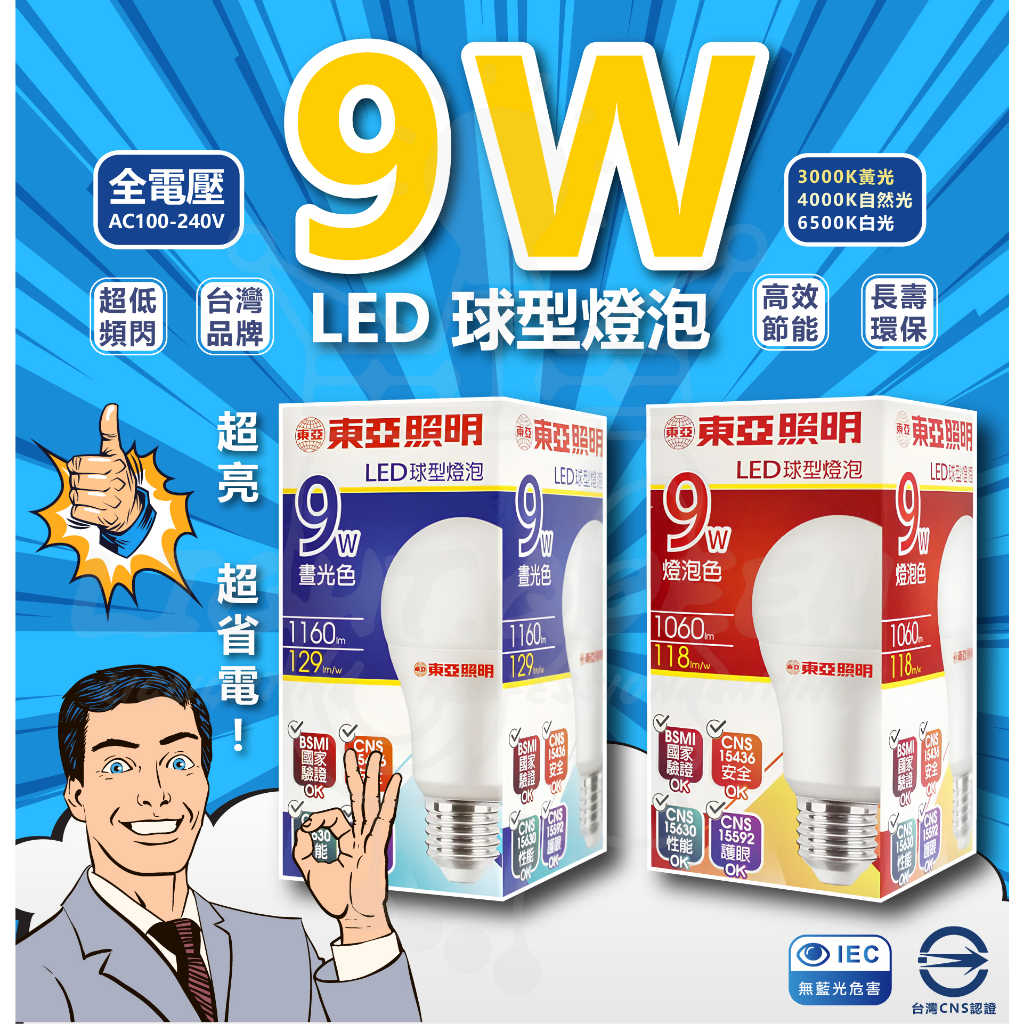 NEW 東亞 LED 9W燈泡 球型燈泡 省電燈泡 節能燈泡 球泡燈 白光/黃光/自然光同樣舊款 10W