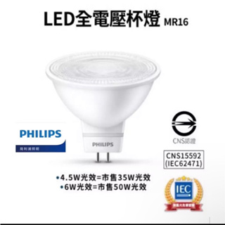 Philips 飛利浦 LED 直壓MR16 免驅動器 4.5W/6W 全電壓 飛利浦杯燈 投射燈 MR16光源