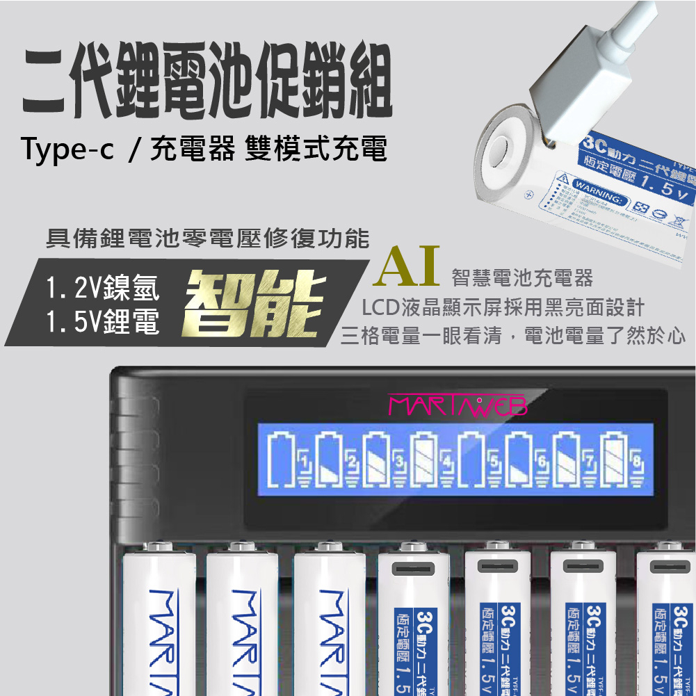 martinweb台灣品牌 1.5V 二代Type-C充電鋰電池+液晶充電器(1.5V/1.2V通用)促銷套裝3號/4號