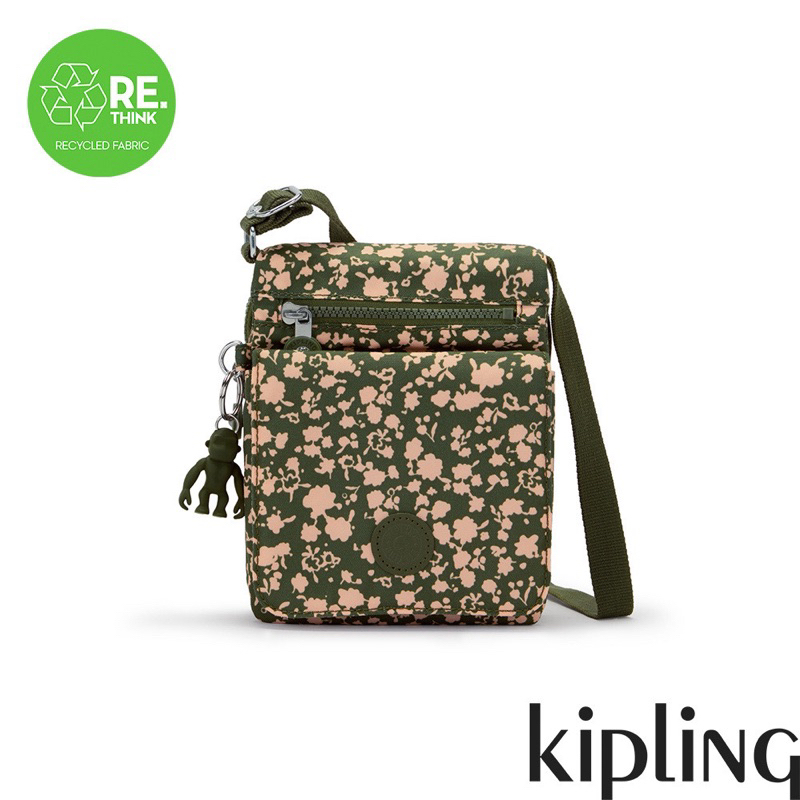 Kipling 抹茶綠碎花多層收納隨身斜背小包-NEW ELDORADO (全新） 《特價》原價2800