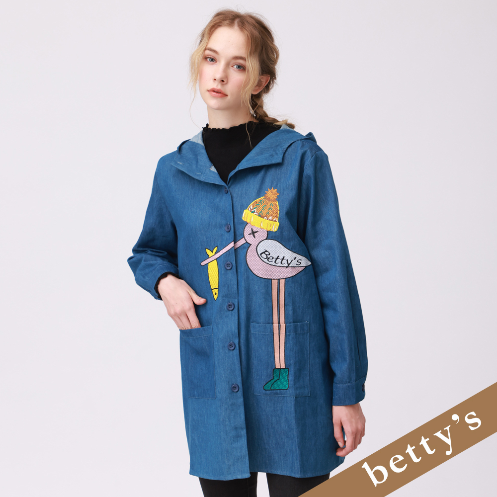 betty’s貝蒂思(25)寬版刺繡連帽牛仔長外套(藍色)