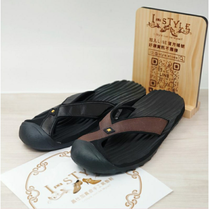 SIX.TEN真皮護址夾腳運動拖鞋(黑/咖)、護址鞋、運動拖鞋、保護腳趾、耐磨橡膠止滑鞋底、運動拖鞋、柔軟波浪條紋底