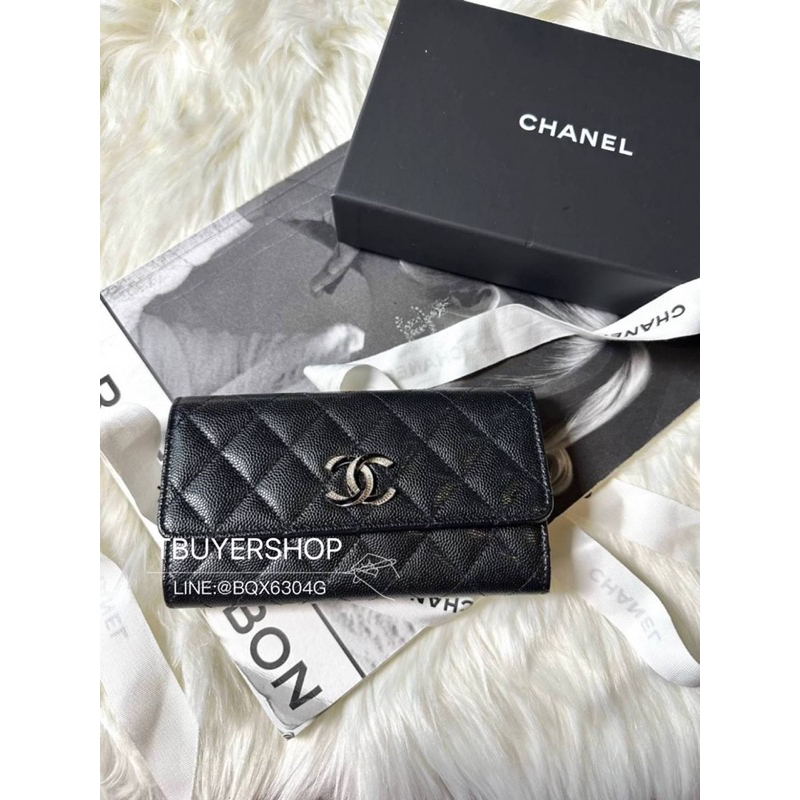 [TBUYERSHOP ] 台灣現貨🌟 Chanel 琺瑯雙c 鑽扣 黑色 荔枝皮 信封中夾