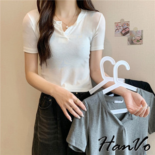 【HanVo】歐美風簡約排釦素色短版上衣 親膚透氣修身顯瘦上衣 百搭女裝 女生衣著 A01-0054