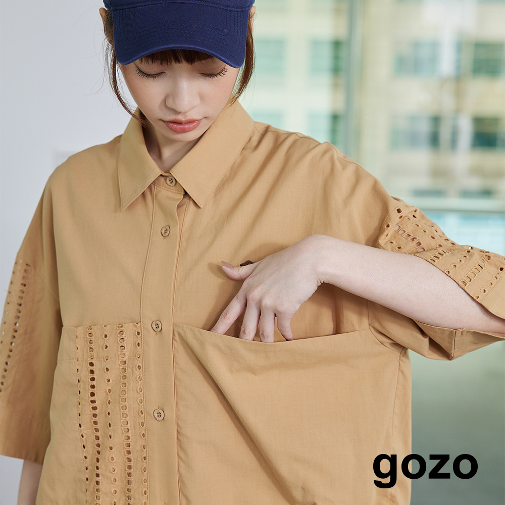 【gozo】天絲棉拼接提花短版襯衫(桔色/黑色_F) | 女裝 顯瘦 百搭