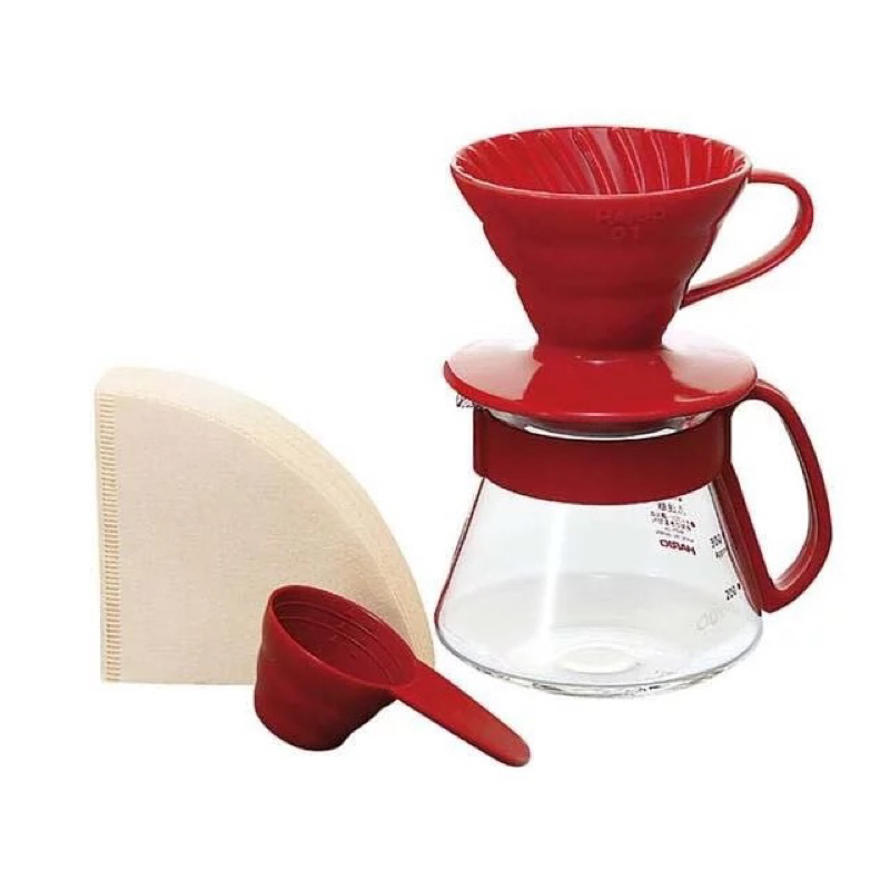 肉桂蘋果派 Hario樹脂濾杯壺組-紅 700ml 手沖咖啡  咖啡壺 玻璃壺 V60濾杯 濾紙 量匙 豆匙