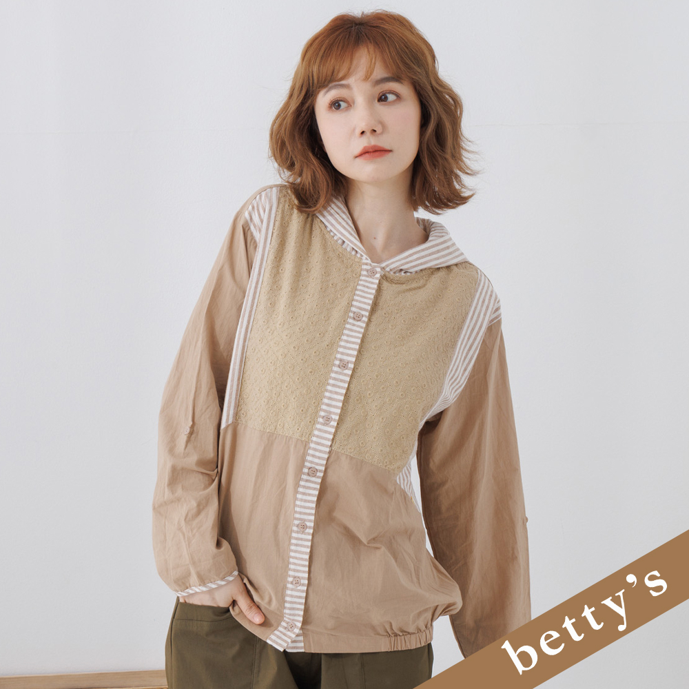 betty’s貝蒂思(25)蕾絲條紋拼接連帽外套(駝色)