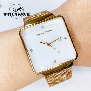 C&F 【范倫鐵諾古柏Valentino coupeau】專櫃正品 罕見方型錶殼 簡約純白不鏽鋼米蘭腕錶