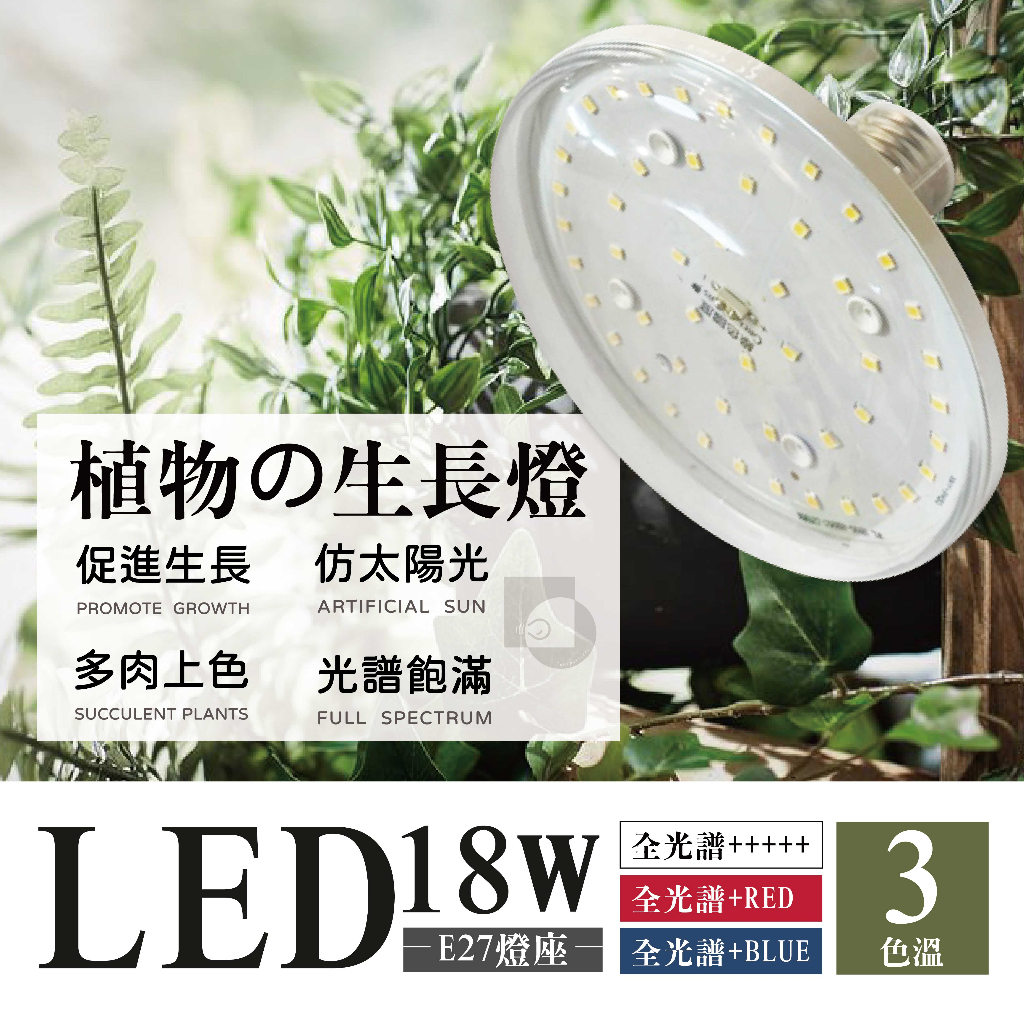 【四方圓LED照明】LED植物燈泡 18W E27燈頭 全光譜/紅多/藍多 植物生長燈 一年保固 植物燈 補光燈 燈泡