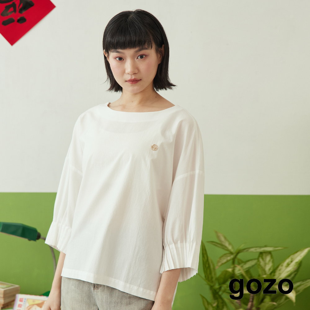 【gozo】天絲棉立體抓褶七分袖上衣(白色/淺紫_F) | 環保材質 U型領 百搭