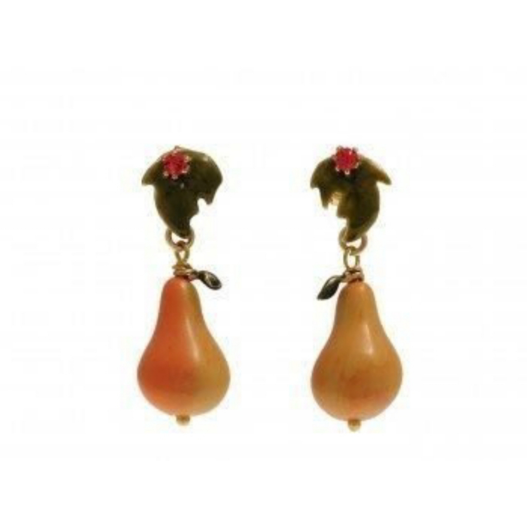 【巴黎妙樣兒】法國廠製造 Les Nereides手繪珠寶 秋天豐碩果實鑲鑽帶葉西洋梨水果耳環