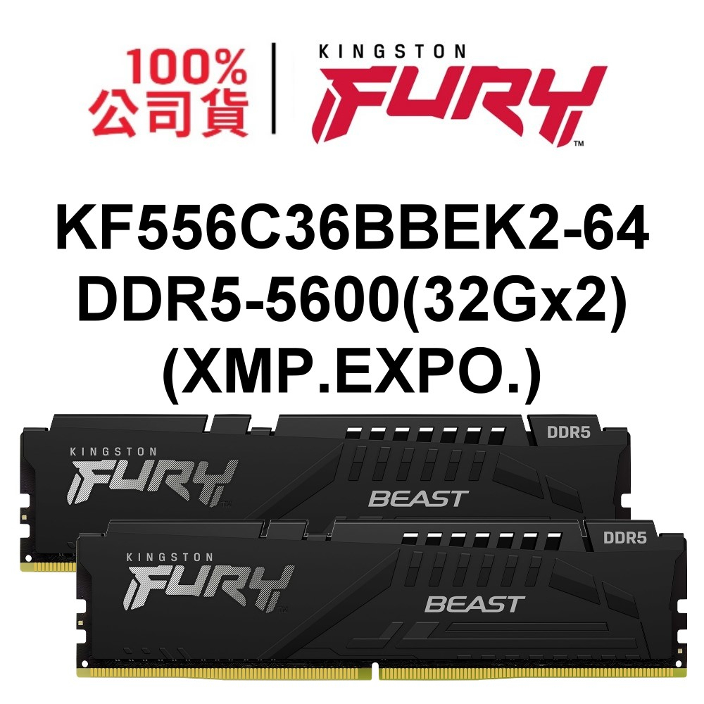 金士頓 KF556C36BBEK2-64 32Gx2支套條 FURY Beast DDR5 5600 XMP EXPO