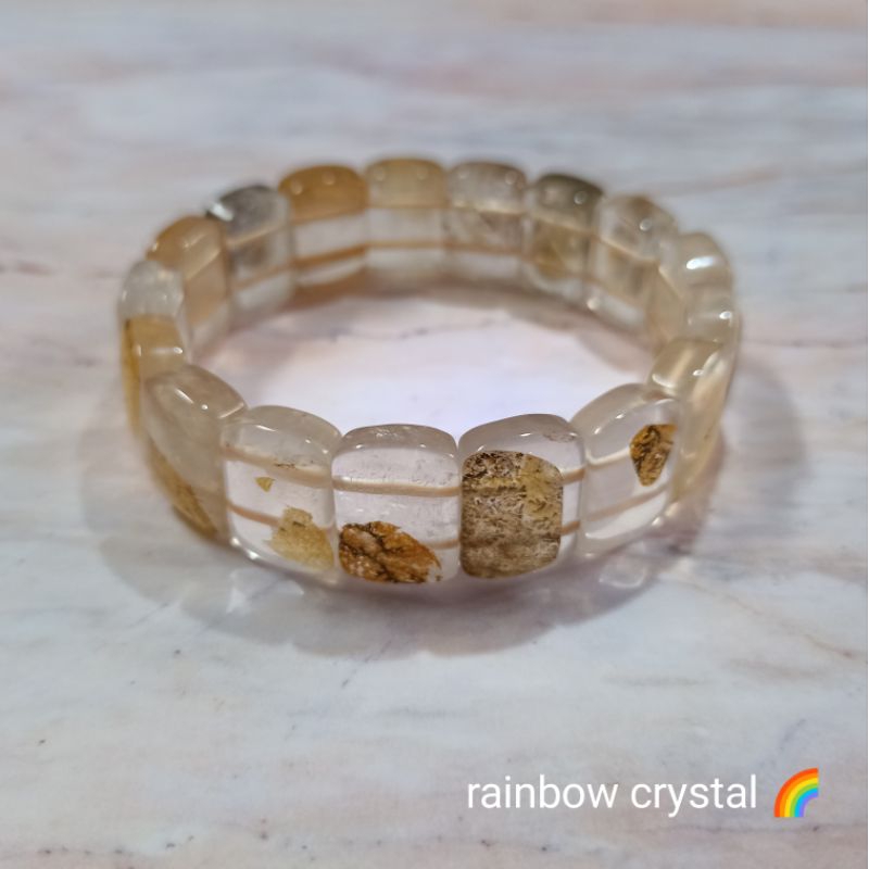 rainbow crystal 🌈天然軟錳礦手排 排寬16mm  樹枝水晶 黃膠花共生 軟錳礦  稀有 苔紋水晶  收藏