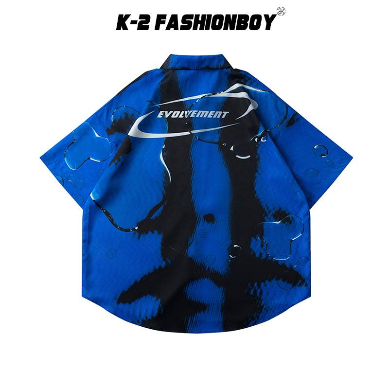 【K-2】evolvement EVO 人臉 水滴 漣漪 水波紋 黑藍 撞色 短袖襯衫 質感 個性 設計【AE2129】