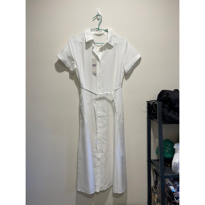 GU襯衫綁袋長裙(全新未拆標）/夏天白色洋裝/登記洋裝-白色L