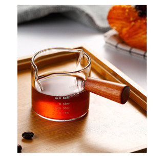 《興富大行》咖啡器具【100ml木柄雙嘴盎司杯】小奶盅咖啡量杯玻璃杯刻度量杯雙嘴分享壺拿鐵杯迷你奶杯