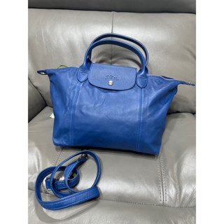 賣～LONGCHAMP 羊皮寶藍色二用斜揹包