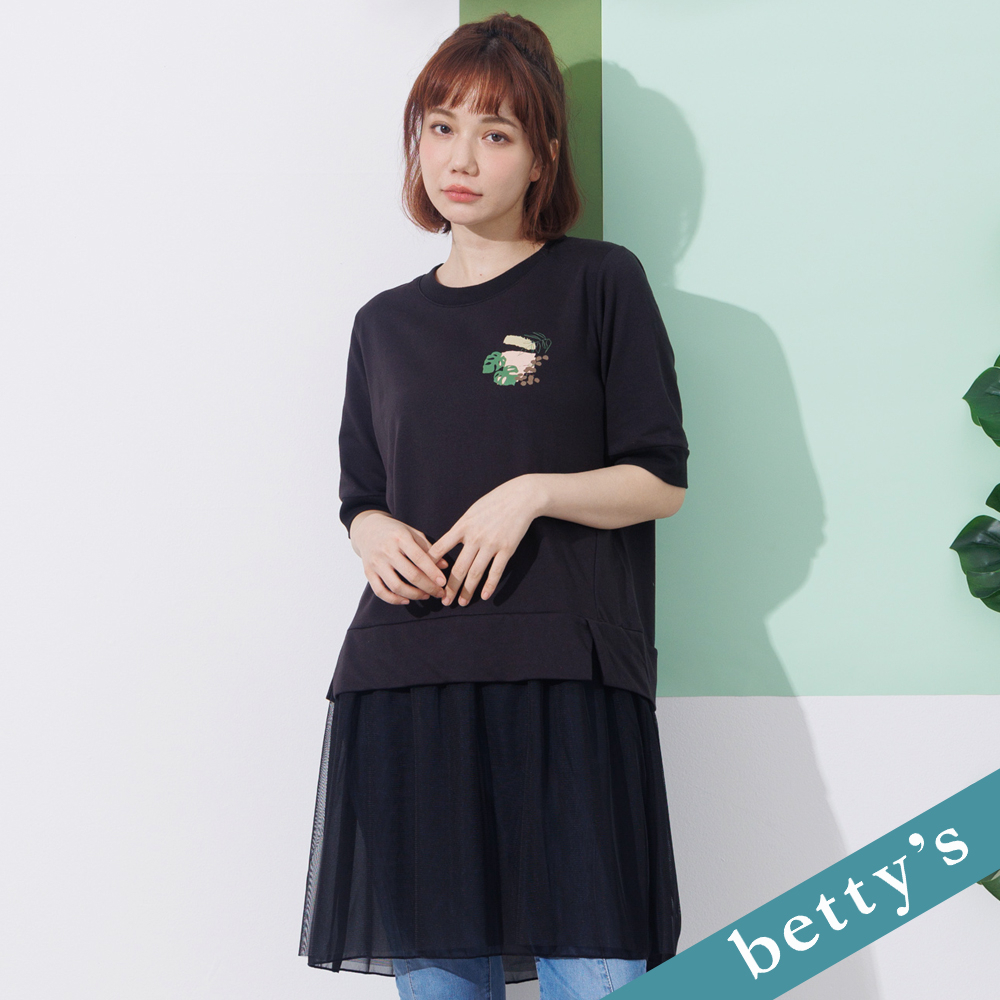 betty’s貝蒂思(21)網紗拼接長版T-Shirt(黑色)