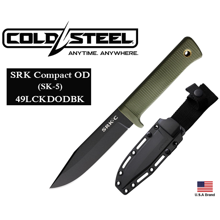 美國Cold Steel冷鋼SRK Compact直刀SK-5鋼黑色塗層軍綠握柄附刀鞘【CS49LCKDODBK】