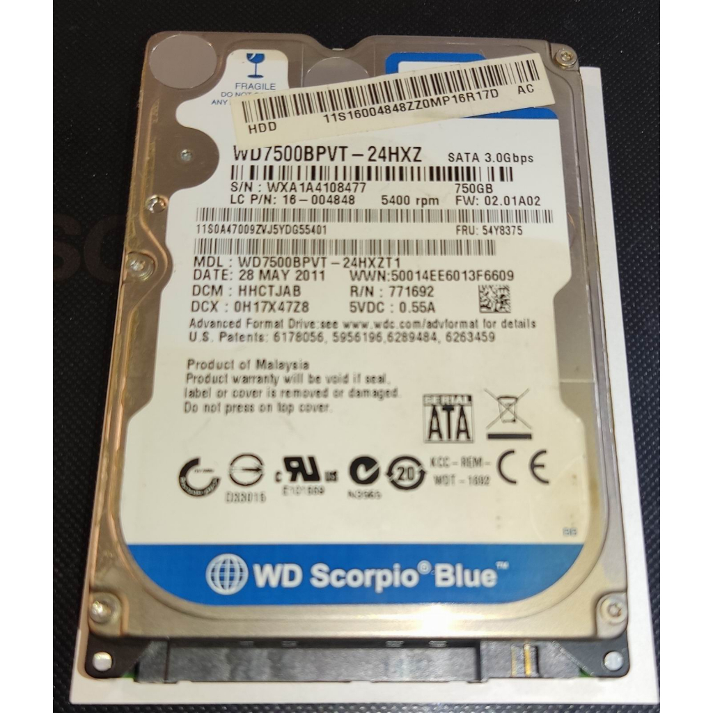 WD 威騰 WD7500BPVT 藍標 750G  2.5吋 SATA 硬碟  SATA2