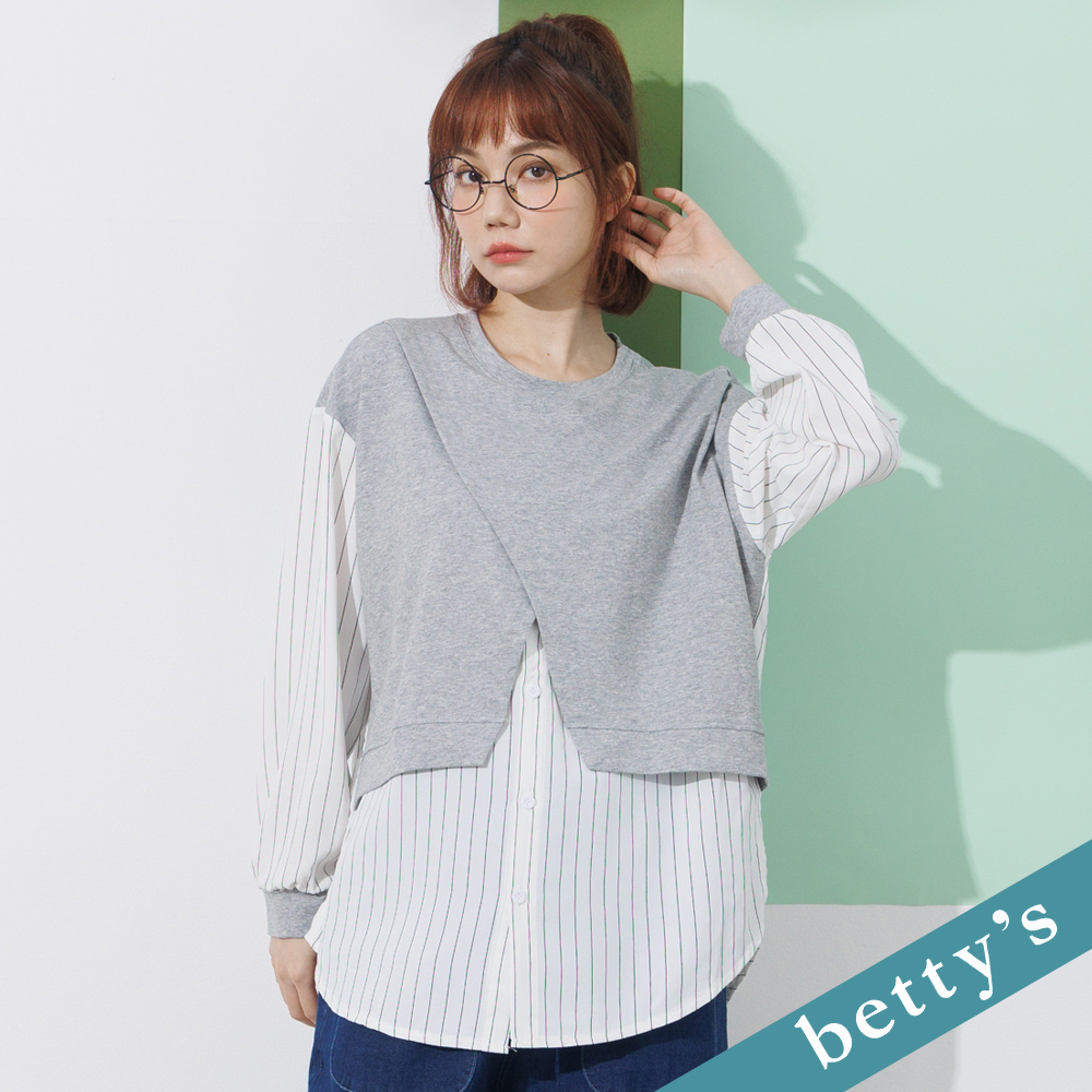 betty’s貝蒂思(21)假兩件開衩條紋長袖上衣(灰色)