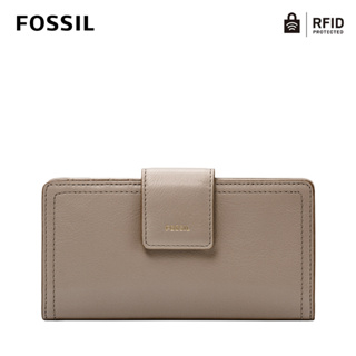 FOSSIL Logan 真皮扣式RFID防盜中長夾-米灰色 SL7830788