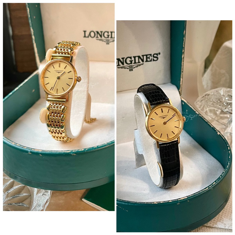 LONGINES •Vintage •新古藏品盒套組 80’s浪琴 兩只針10K鍍金 袖珍仕女 浮雕線型時標 古董石英錶