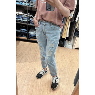 中腰彈性激瘦水洗刷破男友褲,女牛仔褲