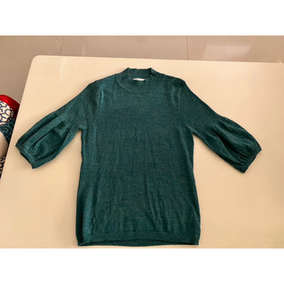 （二手）百貨專櫃木子fashion magic 寶石綠針織衫 造型袖口蓬蓬袖設計感上衣 圓領針織五分袖上衣 L號