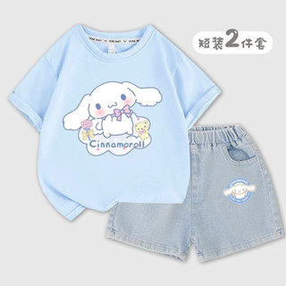 【小萌娃的衣櫃 】❤️快速出貨/現貨130/150❤️女童夏季透氣🧊上衣+牛仔短褲 戴皇冠玉桂狗 純棉抗皺女童套裝
