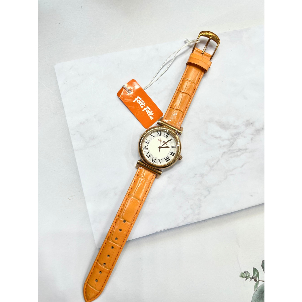 Folli follie公司貨保固精品錶 簡約三針薄款 WF14R029SPS 玫瑰金X橘色皮帶