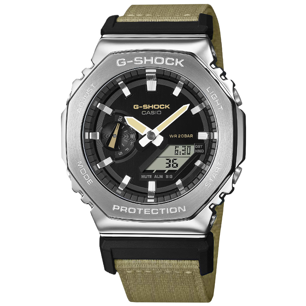 G-SHOCK CASIO / 卡西歐 八角金屬  帆布手錶 黑x銀框x卡其 / GM-2100C-5A / 45mm