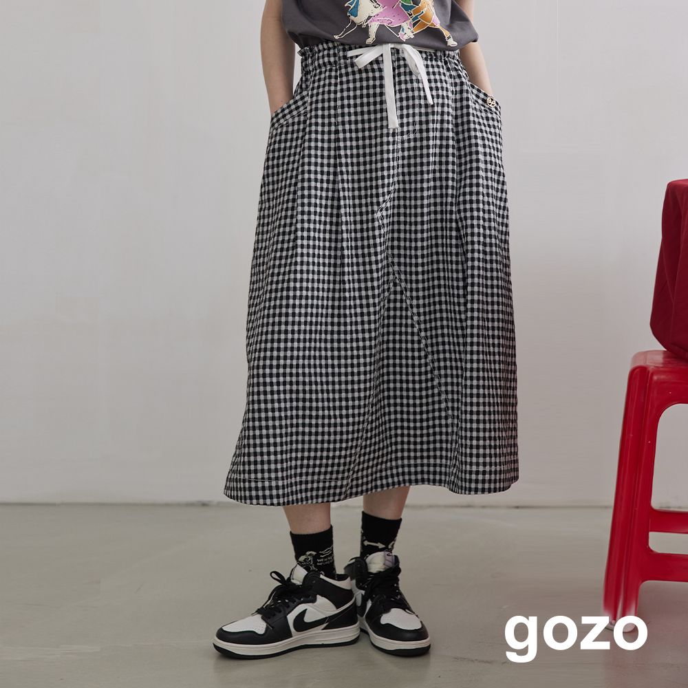 【gozo】格紋抽繩鬆緊工裝裙(黑色_M/L) | 女裝 修身 百搭