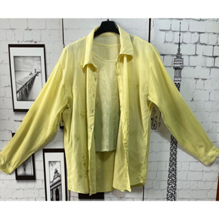 黃綠色漸層手繡花朵圖樣長袖襯衫+無袖背心/套裝