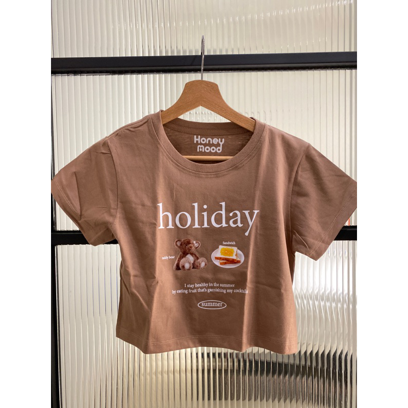 泰國Honeymoon棕色可愛短版小熊吐司T恤