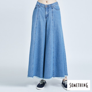 SOMETHING 女款 NEO FIT 剪接寬版牛仔褲(拔洗藍) 