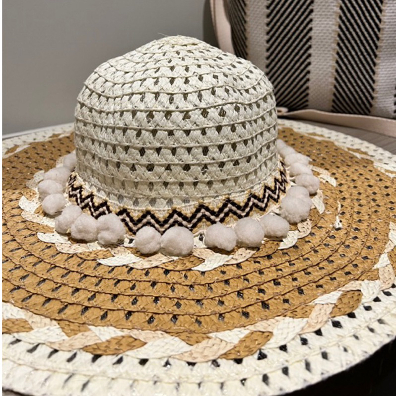 🇹🇭泰國渡假 波西米亞風 圖騰 毛球造型 大帽簷 編織草帽