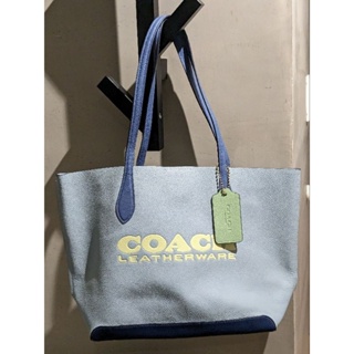 COACH 經典品牌LOGO肩背撞色托特包.水洗藍大容量