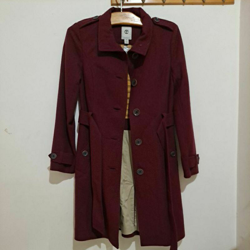 Timberland 女用長版外套 S 酒紅色 外套100%羊毛