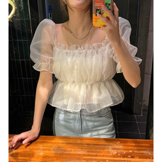 🇰🇷Korea韓國連線·正韓 透膚網紗公主袖上衣 Blouse 澎袖 泡泡袖 短袖 荷葉邊 氣質上衣 甜美風ins